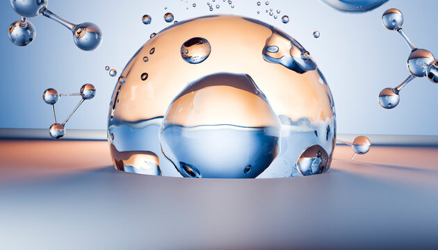 3D render of water molecule and transparent drop