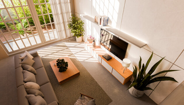 Top view of modern sunlit living room with sofa and television