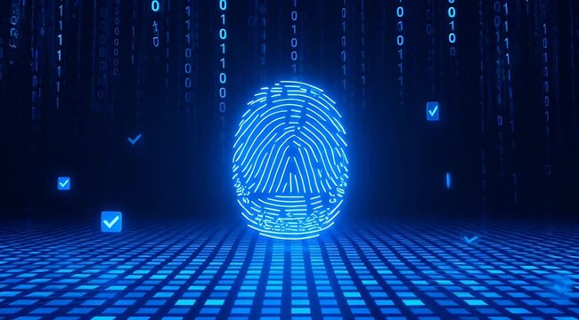 Glowing Blue Fingerprint Against Dark Binary Code Background Symbolizing Digital Security and Identity