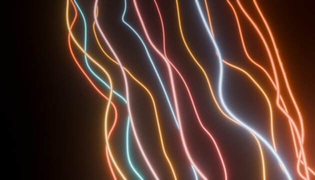 Abstract glowing neon light trail wave on black background