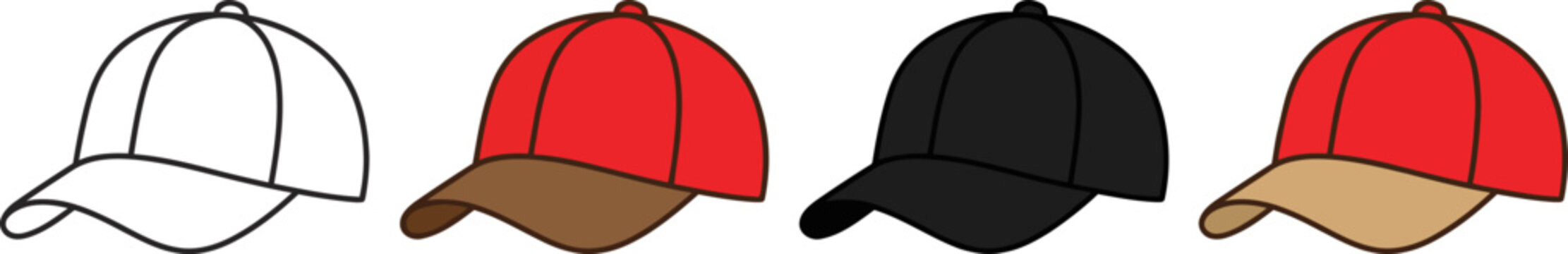 Four different colored baseball caps with various brim colors shown in a row side view