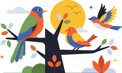 Obraz premium Flat Style Spring Bird Nature Illustration featuring Colorful Songbirds Perched on Tree Branches and Flying against a Bright Morning Sun Background