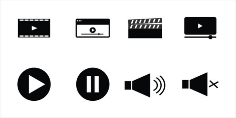 A comprehensive set of black and white vector icons for media player controls, featuring symbols like play, pause, volume, mute, film reel, video windows, and a clapboard. © Tuba