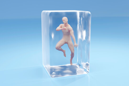 Three dimensional render of male character frozen inside cryogenic cube