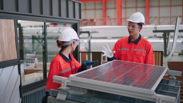 Asian factory workers inspecting solar panel in manufacturing plant