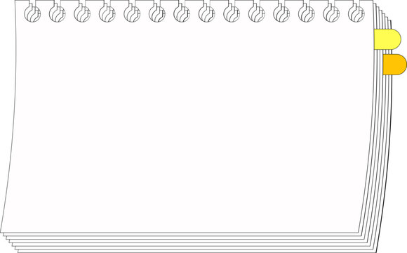 Blank torn spiral notebook stack with colorful index tabs, outline template