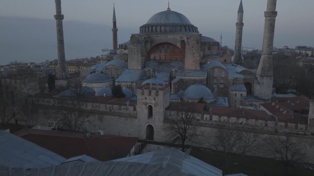 Drone view of Hagia Sophia in Istanbul, Turkey. The iconic monument showcases centuries of Byzantine and Ottoman architectural heritage.