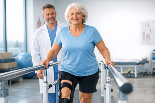 Senior woman walks with walker in physiotherapy room. Medical staff stands behind her. She wears knee brace and blue shirt. Room has medical equipment and large windows