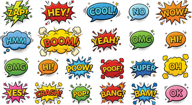 Comic Book Speech Bubble and Sound Effect Icon Set Featuring Pop Art Expressions Halftone Dots and Explosion Clouds Vector