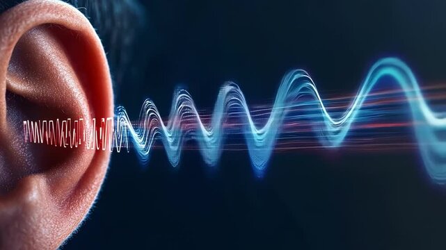 Sound waves are entering a human ear, showing the process of hearing and the importance of audiology for maintaining healthy ears and preventing hearing problems