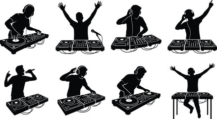 Vector silhouettes of disc jockeys mixing music on dj controllers turntables and mixers during club party events © Saminur