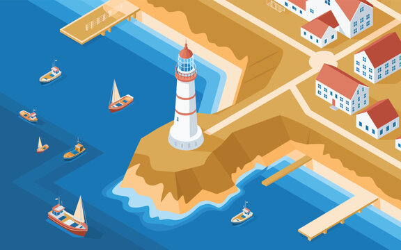 Isometric coastal village with lighthouse and sailing boats lighthouse isometric maritime landscape navigation