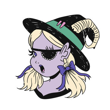 Playful cartoon witch girl illustration with an eyepatch and floppy hat design