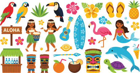 Hawaii Tropical Vacation Vector Set with Hula Dancers, Tiki Masks, Surfboard, Ukulele, Flamingo, Mermaid, Dolphin, and Hibiscus Flowers for Summer Party Designs © Ismail