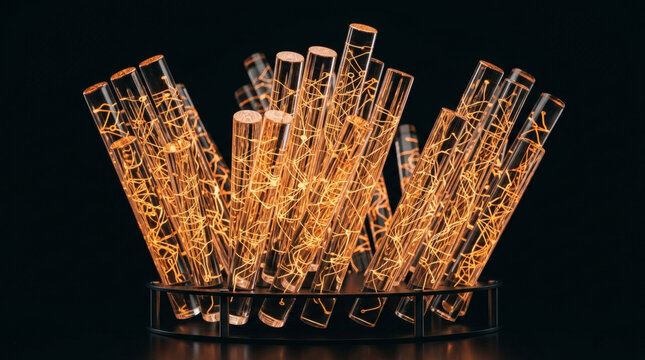 Glass test tubes in a rack.