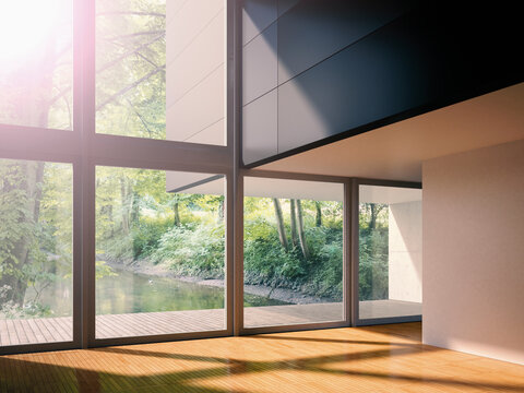 Interior of modern living room with view on brook, 3D rendering