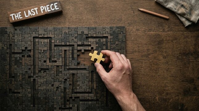 Human hand placing the final piece into a complex wooden maze puzzle on a rustic table, symbolizing problem-solving and completion.