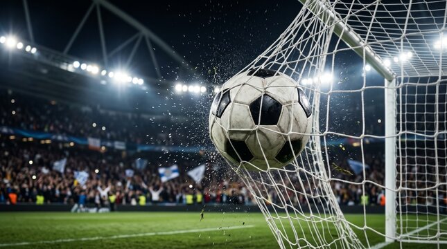 Football in goal net under stadium lights after scoring decisive winning goal