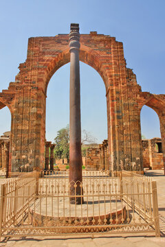 The iron pillar of Delhi that stands in the Qutb complex at Mehrauli in Delhi, India