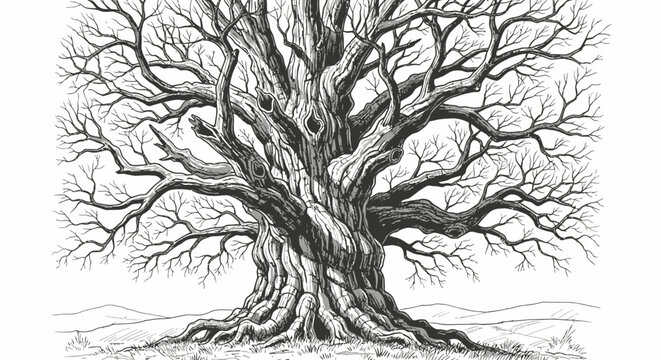 Detailed black and white sketch of a majestic ancient jackfruit tree with gnarled branches and deep roots on white background