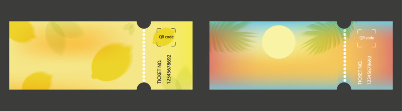 Summer event ticket template set in tropical style. Horizontal vector layouts with vibrant gradients, lemons, palm leaves, and QR codes for beach parties, music festivals, and holiday promotions.