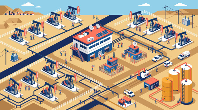 Oil extraction and processing facility with pumpjacks and storage tanks.