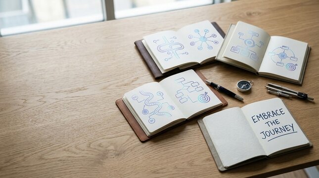 Notebooks with blue ink drawings of diagrams and pathways laid out on a wooden table beside a pen and compass