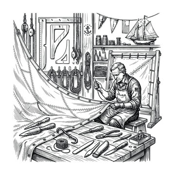 Sailmaker crafting sails in traditional workshop with nautical tools, sailmaker