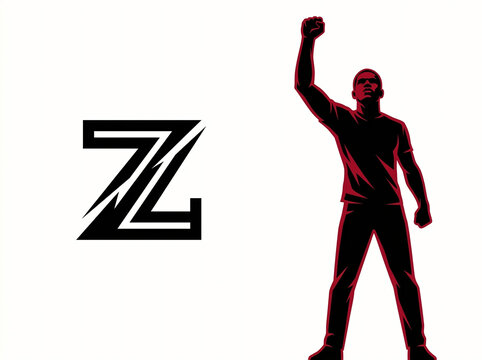 A silhouette of a man celebrating with his arm raised next to a stylized letter Z