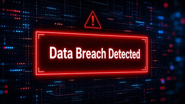 A digital alert indicating a data breach has been detected, featuring a red warning sign against a backdrop of binary code and network graphics.
