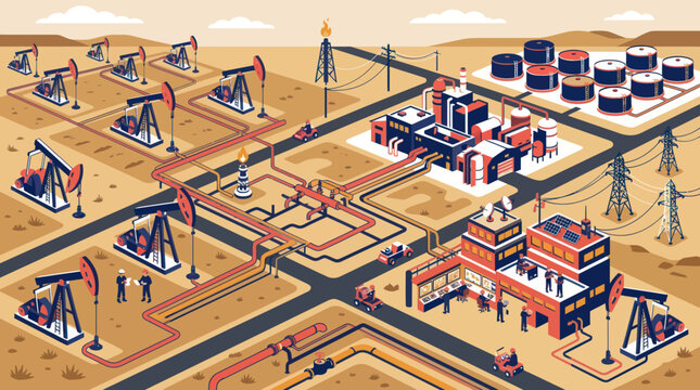 Oil extraction and processing industrial complex with pumpjacks and storage tanks.
