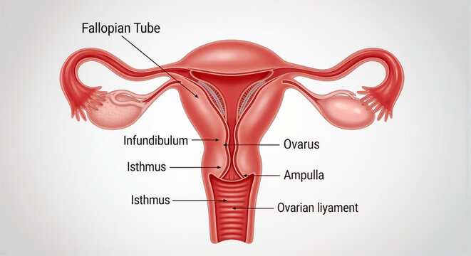 Detailed anatomy of female reproductive system human uterus and fallopian tubes with labeled parts for educational purposes gynecology and obstetrics concept.