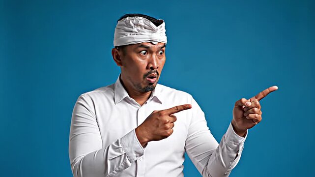 Surprised Asian man pointing, looking at a virtual screen, promoting a new product or service. Perfect for marketing, advertising, discovery, and call to action concepts, conveying excitement and...