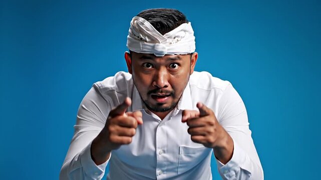 Determined Balinese man pointing, symbolizing digital selection, command, or accountability. Emphasizes critical decision-making, strategic management, user interaction, and leadership.