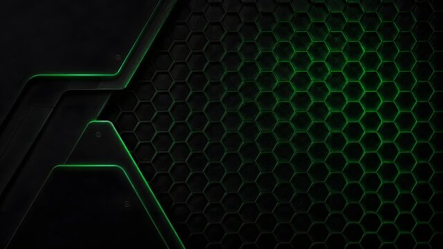 Clean green hexagonal grid pattern on a dark technical surface with neon accents. Ideal for user interface design, dashboard backgrounds, and modern technology branding.