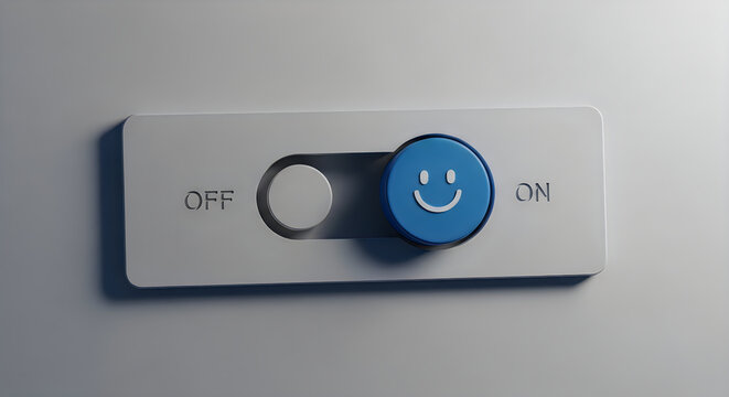A 3d render of a toggle switch set to the on position with a smiley face