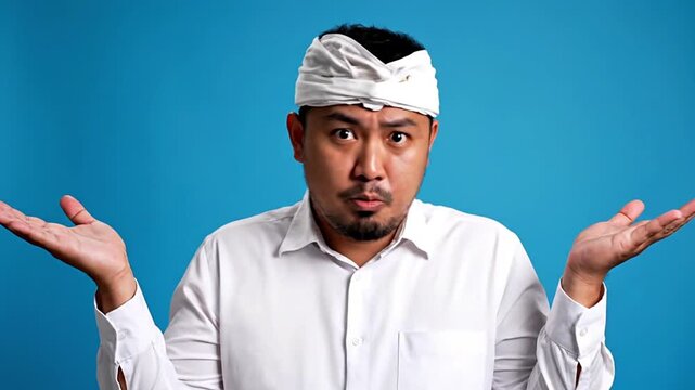 Confused Asian man shrugging with open palms, expressing doubt and uncertainty, facing a dilemma. Ideal for concepts of problem-solving, decision-making, and needing clarification in a modern context.