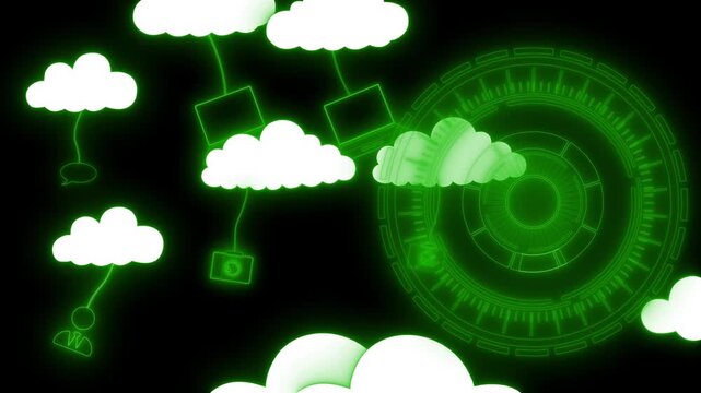 Glowing cloud icons and tech symbols circular futuristic interface element animation