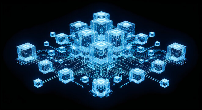 Abstract digital network of interconnected glowing data cubes