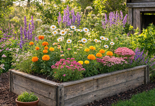 Beautiful flower garden with blooming asters and different flowers in sunlight