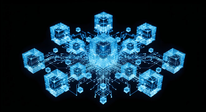 Abstract digital network with interconnected glowing blue data cubes