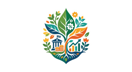 Obraz premium Financial growth floral ornament with leaves gears and building illustration