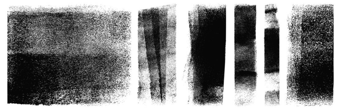 Rolled ink stamp textures and black paint strokes set. Grungy rough stamp imprints and distressed abstract lines and uneven dry brush overlays isolated on transparent background. Vector illustration