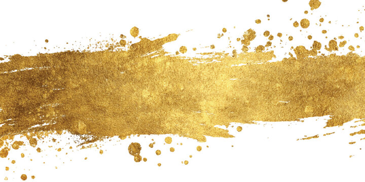 Luxurious gold foil brush stroke with shiny paint splatters and golden metallic texture background vector illustration.