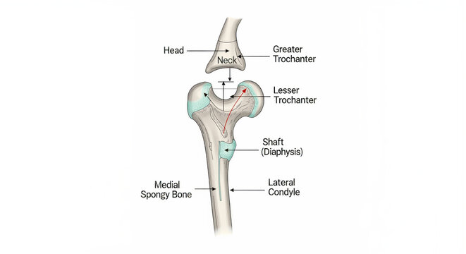Detailed anatomy of the human femur bone with labeled parts including head greater and lesser trochanter shaft and condyles for medical education and reference purposes.