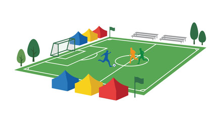 Soccer field illustration with players goal and corner flags © TaskinRahman