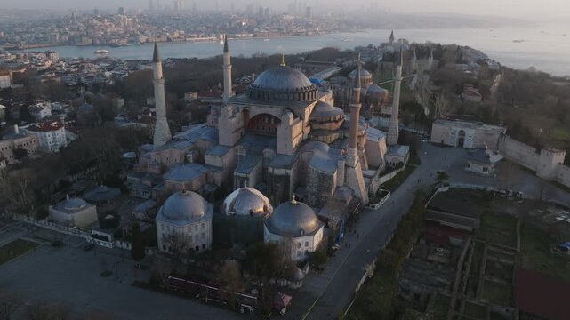 Drone view of Hagia Sophia in Istanbul, Turkey. The iconic monument showcases centuries of Byzantine and Ottoman architectural heritage.