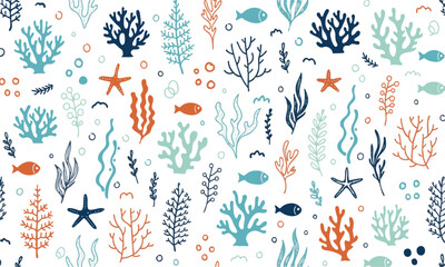 Coral Reef and Ocean Elements Seamless Pattern Background. © TrustMaker Creative