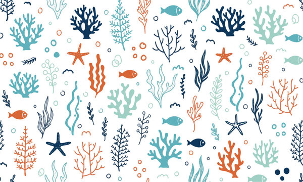 Coral Reef and Ocean Elements Seamless Pattern Background.