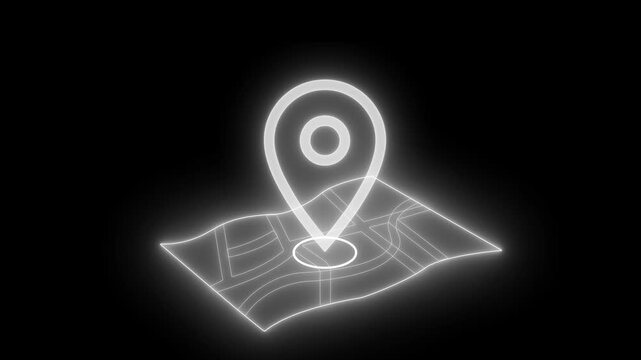Glowing neon map with a location pin icon hovering above animation